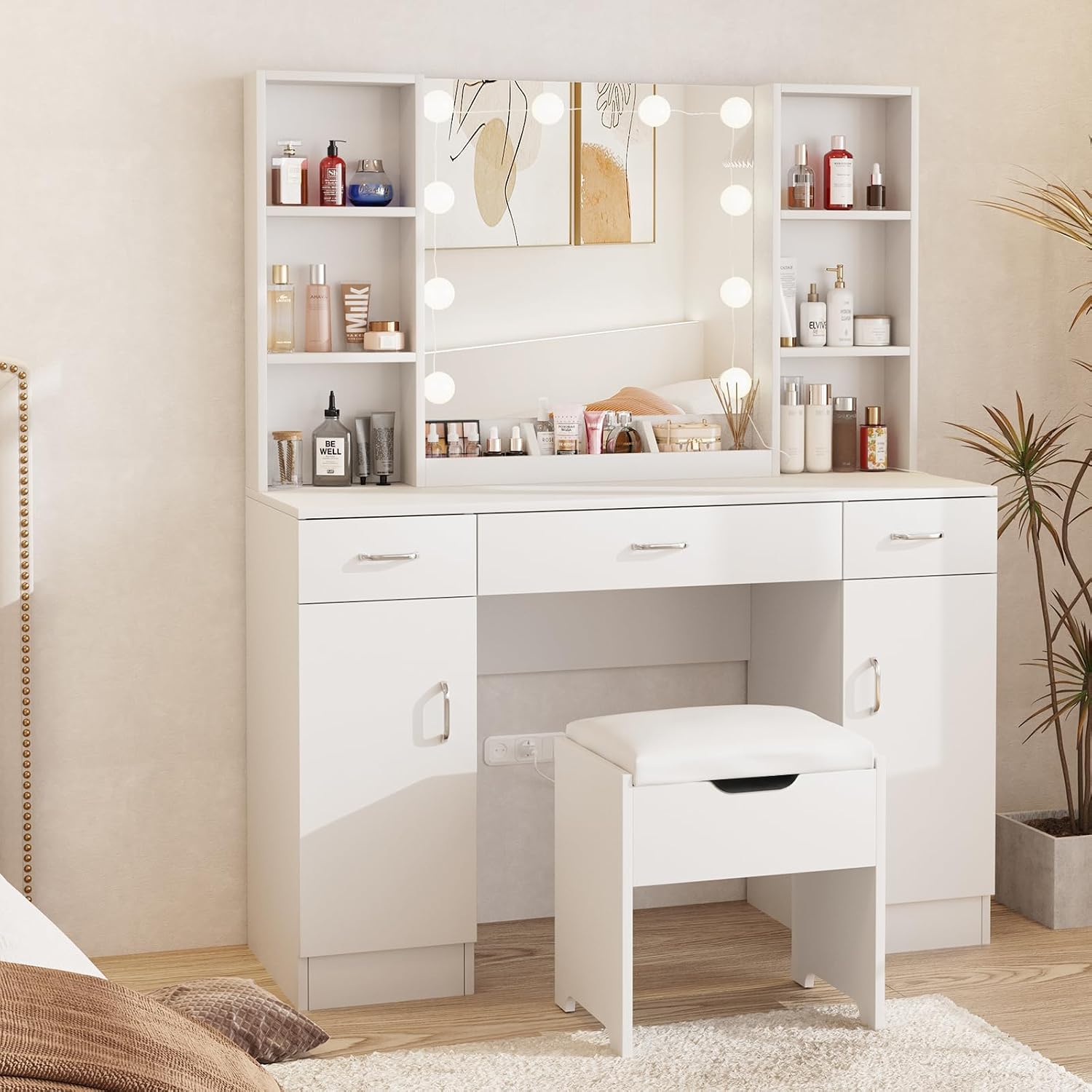 Beauty Makeup Table - 조명 거울이 있는 화장대, 흰색 화장대